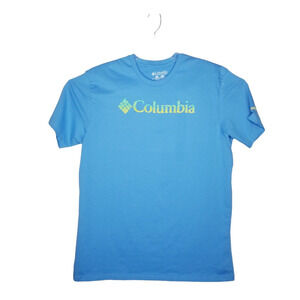 Columbia T Shirt Mens XL Blue Yellow Spell Out Logo Outdoors Tee Adult XL